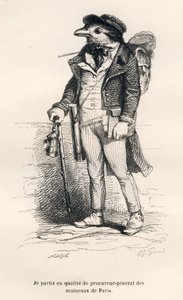 Generaladvokaten for spurvene i Paris. Illustrerede vignetter af JJ Granville. Gravering signeret Caque i den del med titlen "Voyage d