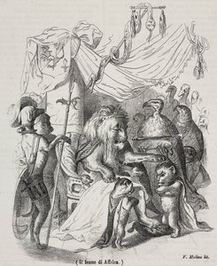 Lion of Africa, karakter af historien om afrikansk løve og tre indfødte unge løver, litografi af Filippo Molino (1804-1856) efter tegning af Jean-Jacques Grandville (1803-1847), af Grandville