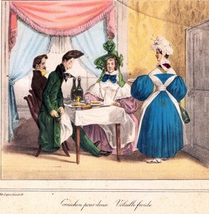 Restauratørens livskort: Pickle for to, kold kylling 1831-32 (litografi) af Grandville