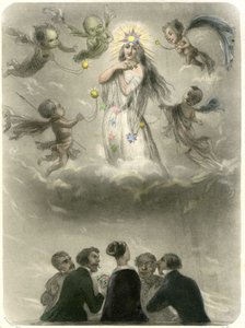 Allegori om en ung kvinde omgivet af fire sukkere, som sammenligner sig selv med en planet, som fire satellitter graviterer omkring, hvoraf den ene bliver hendes sol. Grandville-stik, der illustrerer et kapitel i Merys bog: "Stjernerne"