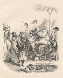 Dyr i elegante tøj, der går i Tuilerierne. Vignetter illustreret af JJ Granville. Gravering signeret Andrew, Best og Leloir i delen "History of a Hare" skrevet af PJ Stahl i "Scener af dyrenes private og offentlige liv". Vædde af Grandville
