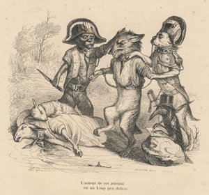 Anholdelse af en ulv, der lige havde dræbt to får. Vignetter illustreret af JJ Granville. Gravering signeret Andrew, Best og Leloir i delen med titlen "Criminal Court of Animal Justice" skrevet af Emile de La Bedolliere i "Scenes de la vie privee et p af Grandville