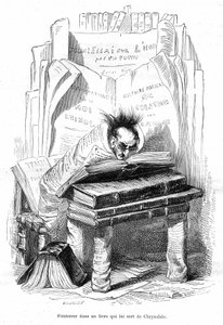 Tegneserie: Chrysalid af en lærd begravet i bøgerne på et bibliotek - Grandville-gravering, hentet fra bogen "Dyrenes private og offentlige liv (Les animaux peints par les memes)", Hetzel-udgave 1867 s. 563 - Kapitel med titlen Tablets of the G
