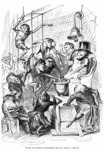 Tegneserie: La Chambre des Deputes vue comme un Palais des Monpes - Gravering af Grandville, hentet fra bogen "Dyrenes private og offentlige liv (Les animaux peints pa them memes)", Hetzel edition 1867 s. 566 - Kapitel med titlen "Tablets of the Gira