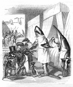 Tegneserie: Fiskene - læger: Grandville-gravering, fra bogen "Dyrenes private og offentlige liv (Les animaux ints par eux memes)", Hetzel-udgaven 1867 s. 551 - En haj og en savfisk (Fish saw) ved siden af en syg person i sengen.