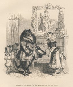 Hofkat hilser på en ung hunkat. Miniaturer illustreret af JJ Granville. Gravering signeret Breviere i delen med titlen "Court pains of an English cat" skrevet af Honore de Balzac i "Scener fra dyrenes private og offentlige liv". Paris, J af Grandville