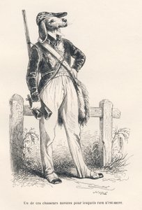 Hund i jagttøj. Miniaturer illustreret af JJ Granville. Gravering signeret Caque i delen med titlen "Erindringer om en gammel krage" skrevet af PJ Stahl i "Scener fra dyrenes private og offentlige liv". Paris, J. Hetzel og Paulin af Grandville
