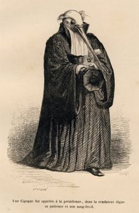 Stork i dommer. Miniaturer illustreret af JJ Granville. Gravering signeret Caque i delen med titlen "Criminal Court of Animal Justice" skrevet af Emile de La Bedolliere i "Scener fra dyrenes private og offentlige liv". Paris, J. Hetzel og Paulin