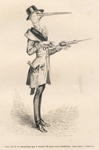 Stork som læge, der håndterer et lavement. Miniaturer illustreret af JJ Granville. Gravering signeret Andrew, Best og Leloir i delen med titlen "Court pains of an English cat" skrevet af Honore de Balzac i "Scener fra det private og offentlige liv i