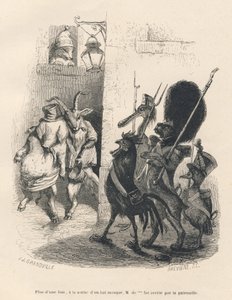 Beruset gris og ged krydser en patrulje bestående af en hund, en hane, en and og en pelikan. Miniaturer illustreret af JJ Granville. Gravering signeret Breviere i delen med titlen "Memories of a crocodile" skrevet af Emile de La Bedolliere af Grandville