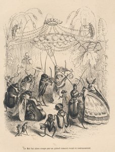 Koncert af insekter ved et bal. Miniaturer illustreret af JJ Granville. Indgravering signeret Godard i delen med titlen "En sommerfugls eventyr" skrevet af PJ Stahl i "Scener fra dyrenes private og offentlige liv". Paris, J. Hetzel og Paulin af Grandville