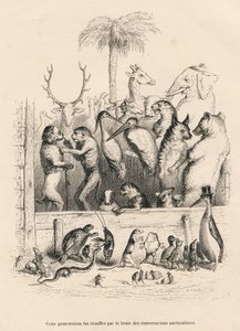 Samtale mellem dyr. Miniaturer illustreret af JJ Granville. Indgravering signeret Breviere i prologen med titlen "Parlamentary Summary" skrevet af PJ Stahl i "Scener fra dyrenes private og offentlige liv". Paris, J. Hetzel og Paulin af Grandville