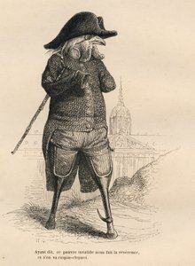 Hane invalid foran hotel des invalides i Paris. Miniaturer illustreret af JJ Granville. Gravering signeret Andrew, Best og Leloir i delen med titlen "De medicinske dyr" skrevet af Pierre Bernard i "Scener fra dyrenes private og offentlige liv". af Grandville