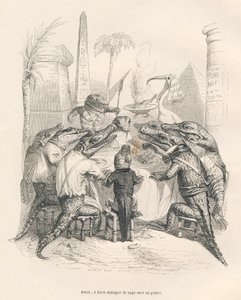 Krokodiller omkring et bord i Egypten. Miniaturer illustreret af JJ Granville. Gravering signeret Andrew, Best og Leloir i delen med titlen "Memories of a crocodile" skrevet af Emile de La Bedolliere i "Scener fra dyrenes private og offentlige liv". af Grandville