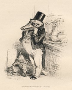 Crododile klæder sig som en dandy med stor mave. Miniaturer illustreret af JJ Granville. Gravering signeret Breviere i delen med titlen "Erindringer om en krokodille" skrevet af Emile de La Bedolliere i "Scener fra dyrenes private og offentlige liv". Paris