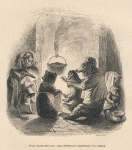 To besøgende kommer for at genere bjørnefamilien, der sidder foran pejsen, hvori en gryde hænger ved et stativ. Miniaturer illustreret af JJ Granville. Gravering signeret Breviere i delen med titlen "L
