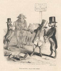 Duel i Bois de Boulogne. Miniaturer illustreret af JJ Granville. Gravering signeret Breviere i delen "Historien om en hare" skrevet af PJ Stahl i "Scener fra dyrenes private og offentlige liv". Paris, J. Hetzel og Paulin af Grandville