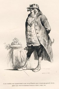 Faucon ødelagt af revolutioner. Miniaturer illustreret af JJ Granville. Gravering signeret Breviere i delen med titlen "Erindringer om en gammel krage" skrevet af PJ Stahl i "Scener fra dyrenes private og offentlige liv". Paris, J. Hetzel og Pauli