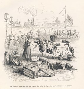 Myrer i fuld aktivitet ved bredden af ​​Seinen. Miniaturer illustreret af JJ Granville. Gravering signeret Porret i delen med titlen "En spurvs rejse fra Paris" skrevet af George Sand i "Scener fra dyrenes private og offentlige liv". Paris, af Grandville