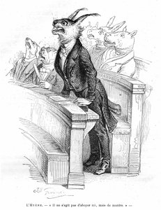 Grandville-gravering, hentet fra bogen Private and Public Life of Animals (Les animaux ints par them memes), udgave Hetzel 1867 - Karikatur af en menneskelig politisk forsamling - I vognene, der er optaget af forskellige dyr (hunde, æsler, flodheste ...), 