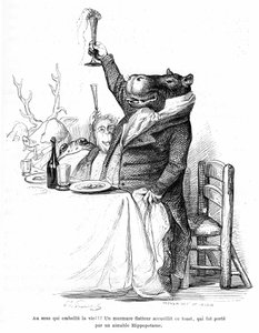 Grandville-gravering, fra bogen Private and Public Life of Animals (Les animaux ints par eux memes), udgave Hetzel 1867 - Flodhest ved et bord ved en banket, der hæver sit glas og udbringer en skål. Legende: Sex, der forskønner livet!