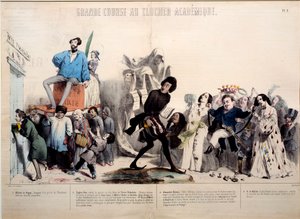 Fantastisk kapløb til det akademiske klokketårn. Forfatterne Alfred de Vigny (1797-1863), Eugene Sue (1804-1857), Alexandre Dumas (1802-1870) og Honore de Balzac (1799-1850) anerkendes. Gravering af Gerard Grandville (1803-1847) af Grandville