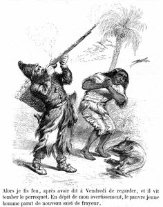 Illustration af romanen Robinson Crusoe af Daniel de Foe (DeFoe) af Grandville - edition Garnier 1869 s193. Robinson skyder med en riffel foran Frighy Friday.