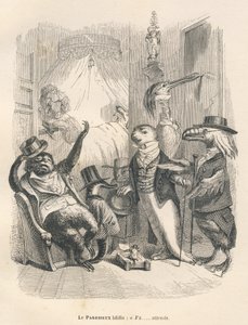 Den dovne mand gabte, at han ventede. Vignetter illustreret af JJ Granville. Gravering signeret Godard i den del med titlen "Les animaux medecins" skrevet af Pierre Bernard i "Scenes de la vie privee et publique des animaux". Paris, J. Hetzel et Paulin af Grandville
