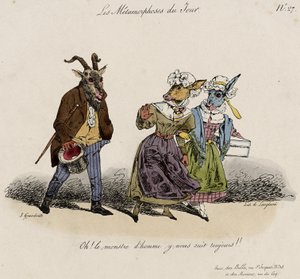Les Metamorphoses du Jour, nr. 27 (håndfarvet litho) af Grandville