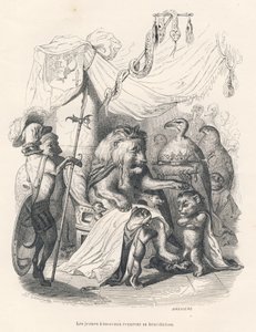 Unge løveunger modtager løvekongens velsignelse. Vignetter illustreret af JJ Granville. Gravering signeret Breviere i delen med titlen "Voyage of an African Lion in Paris" skrevet af Honore de Balzac i "Scenes de la vie privee et publique des af Grandville