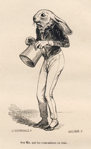 Feje Lievre i et dandy kostume. Vignetter illustreret af JJ Granville. Gravering signeret Breviere i delen "History of a Hare" skrevet af PJ Stahl i "Scener af dyrenes private og offentlige liv". Paris, J. Hetzel og Paulin af Grandville
