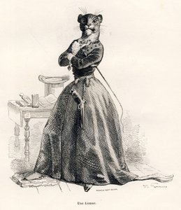 Løvinde med en pistol og en pisk. Vignetter illustreret af JJ Granville. Gravering signeret Andrew, Best og Leloir i delen med titlen "Voyage of an African Lion in Paris" skrevet af Honore de Balzac i "Scener af dyrenes private og offentlige liv" af Grandville