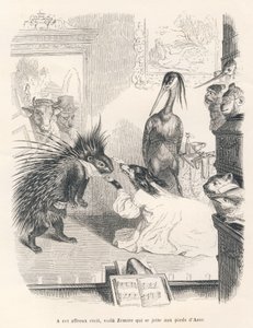 Opera med et pindsvin, en hund og en hejre på scenen. Vignetter illustreret af JJ Granville. Gravering signeret Godard i den del med titlen "Le premier feuilleton de Pistolet" skrevet af Jules Janin i "Scenes de la vie privee et publique des animaux". af Grandville