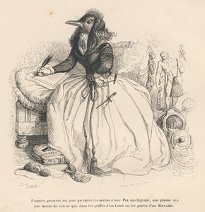 Tærteskrivning med en fjerpen med en cigaret holdt af en cigaretholder i den anden hånd. Vignetter illustreret af JJ Granville. Gravering signeret Andrew, Best og Leloir i delen "History of a Hare" skrevet af PJ Stahl i "Scener af privatliv og af Grandville