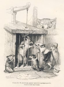 Trap: Kat ser efter mus, der er kommet for at sørge over den, der er blevet taget til fange. Miniaturer illustreret af JJ Granville. Gravering signeret Andrew, Best og Leloir i delen med titlen "The philosopher rat" skrevet af Edouard Lemoine i "Privatlivs af Grandville