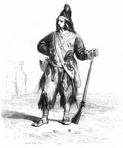 Portræt af Robinson Crusoe på sin øde ø med sin riffel og diverse våben i bæltet - Grandville-illustration af Daniel Defoes roman (De Foe) - Garnier-udgave 1869 s. 155.