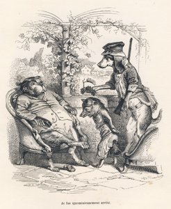 Fox stoppede ved en hund. Miniaturer illustreret af JJ Granville. Indgravering signeret Godard i delen med titlen "En ræv fanget" skrevet af Charles Nodier i "Scener fra dyrenes private og offentlige liv". Paris, J. Hetzel og Paulin af Grandville