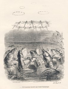 Runde vanddyr og guldsmede. Miniaturer illustreret af JJ Granville. Gravering signeret Andrew, Best og Leloir i delen med titlen "Erindringer om en gammel krage" skrevet af PJ Stahl i "Scener fra dyrenes private og offentlige liv". P af Grandville