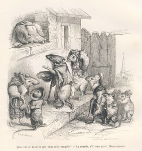 Mus, der giver velgørenhed til en gris. Vignetter illustreret af JJ Granville. Stikket er signeret Andrew, Best og Leloir i den del med titlen "Le rat philosophe" skrevet af Edouard Lemoine i "Scenes de la vie privee et publique des animaux". Paris, J. Het af Grandville