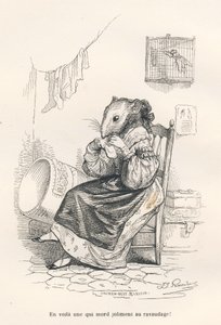Mus reparerer en sok. Miniaturer illustreret af JJ Granville. Gravering signeret Andrew, Best og Leloir i delen med titlen "The philosopher rat" skrevet af Edouard Lemoine i "Scener fra dyrenes private og offentlige liv". Paris, J. Hetzel og af Grandville
