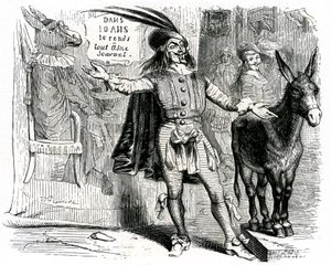 Charlatanen: La Fontaine-fabel illustreret af Grandville. Edition Garnier 1860. Denne skipper gør det svært at gøre alle æsler til videnskabsmænd.