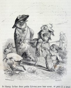 De to små harer, deres søster og uglen - ved Grandville af Grandville