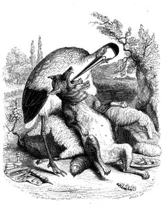 Ulven og storken: La Fontaine-fabel illustreret af Grandville. Edition Garnier 1860. Storken fremstilles som læge (forkert belønning for hans udskejelser!).