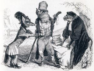 Ulven trygler mod ræven foran aben - Fabler af La Fontaine af Grandville