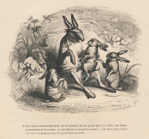 I kaninbørn, der lytter til deres sårede bedstefar fortælle historier. Miniaturer illustreret af JJ Granville. Gravering signeret Breviere i delen "Historien om en hare" skrevet af PJ Stahl i "Scener fra dyrenes private og offentlige liv". Paris af Grandville