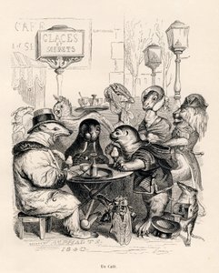 En cafe frekventeret af dyr af enhver art. Miniaturer illustreret af JJ Granville. Indgravering signeret Godard i delen med titlen "En afrikansk løves rejse til Paris" skrevet af Honore de Balzac i "Scener fra dyrenes private og offentlige liv". P af Grandville