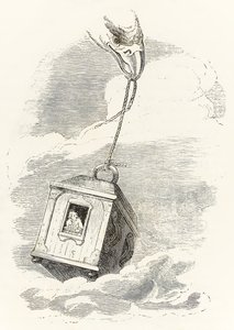 Gulliver undslipper Brobdingnag, da hans æske bliver grebet af en ørn, der taber den i havet, fra Gullivers Travels af Jonathan Swift af Grandville