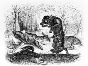 Ulven og jægeren, illustration til La Fontaines "Fables", udgivet af H. Fournier Aine, 1838