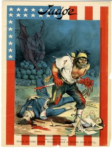 Krig er helvede - Sherman, fred i Cuba under spansk styre er værre end helvede, illustration fra dommer, 30. april, 1898 af Grant E. Hamilton