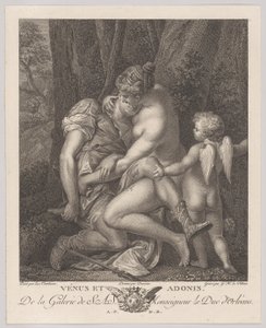 Venus sørger over Adonis, sidder under et træ og omfavner ham, med Amor til højre, c..., ca. 1786. af Gérard René Le Vilain